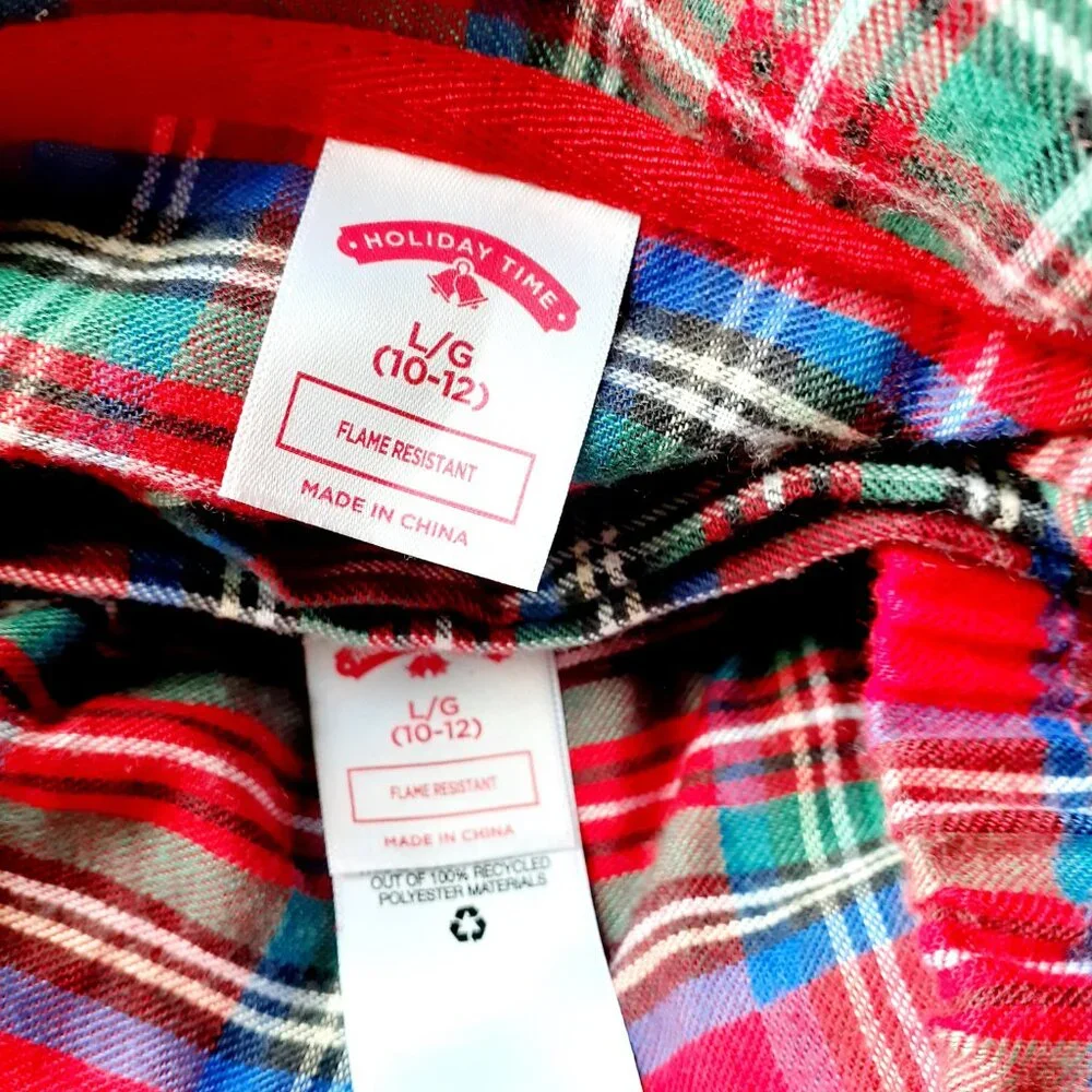 Kids Christmas Pajamas 2 Piece Set Red Plaid Shirt Pants Large 10-12 New